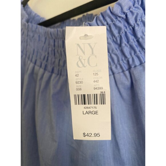 NWT NY&C 7th Avenue Oxford Blue Off-the-Shoulder Smocked Women’s Blouse Size L - Picture 4 of 6